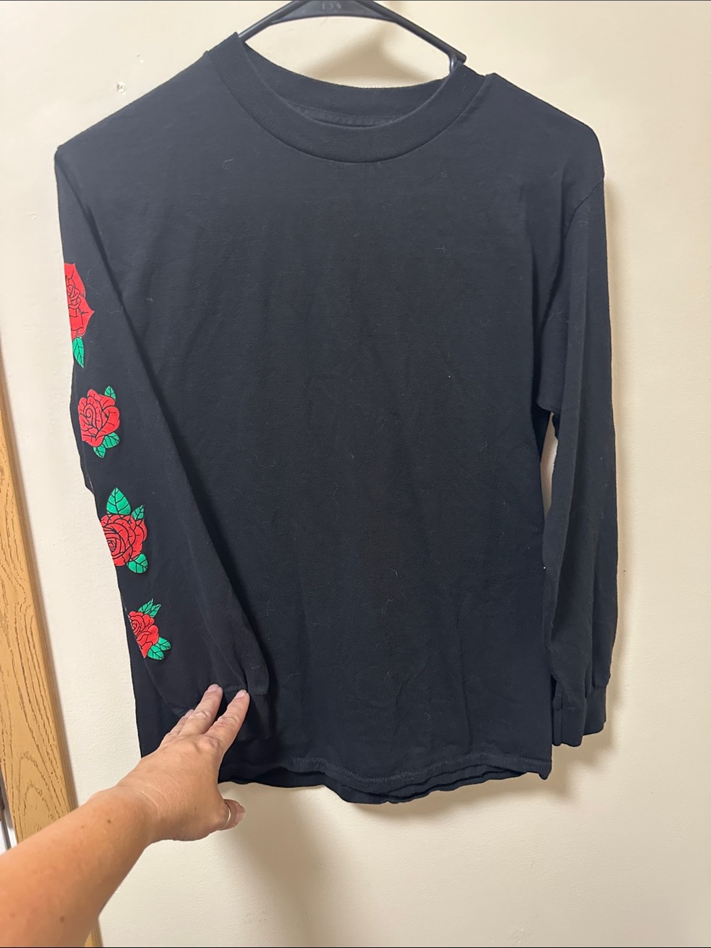 Women's Black Long Sleeve Tee with Red Rose Sleeve Print